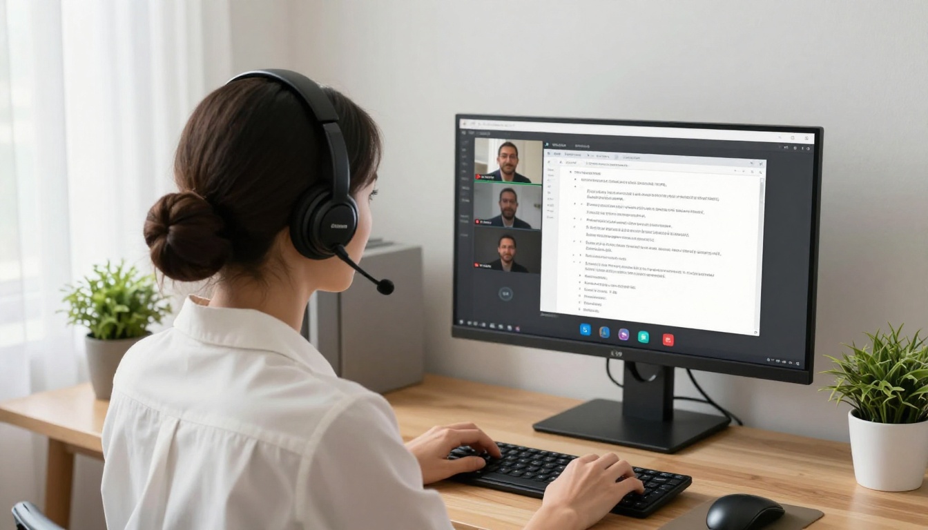 Remote worker woman reviewing meeting notes on a dual monitor setup during a video call with a headset Remote worker woman reviewing meeting notes on a dual monitor setup during a video call with a headset