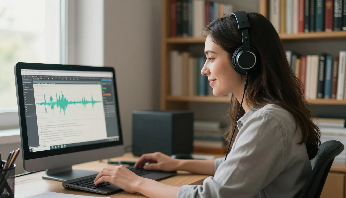 Woman working at home office with podcast transcription software