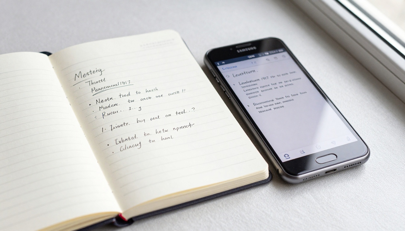 Close-up of a Leuchtturm notebook with handwritten meeting action items beside a smartphone displaying the same notes digitally Close-up of a Leuchtturm notebook with handwritten meeting action items beside a smartphone displaying the same notes digitally