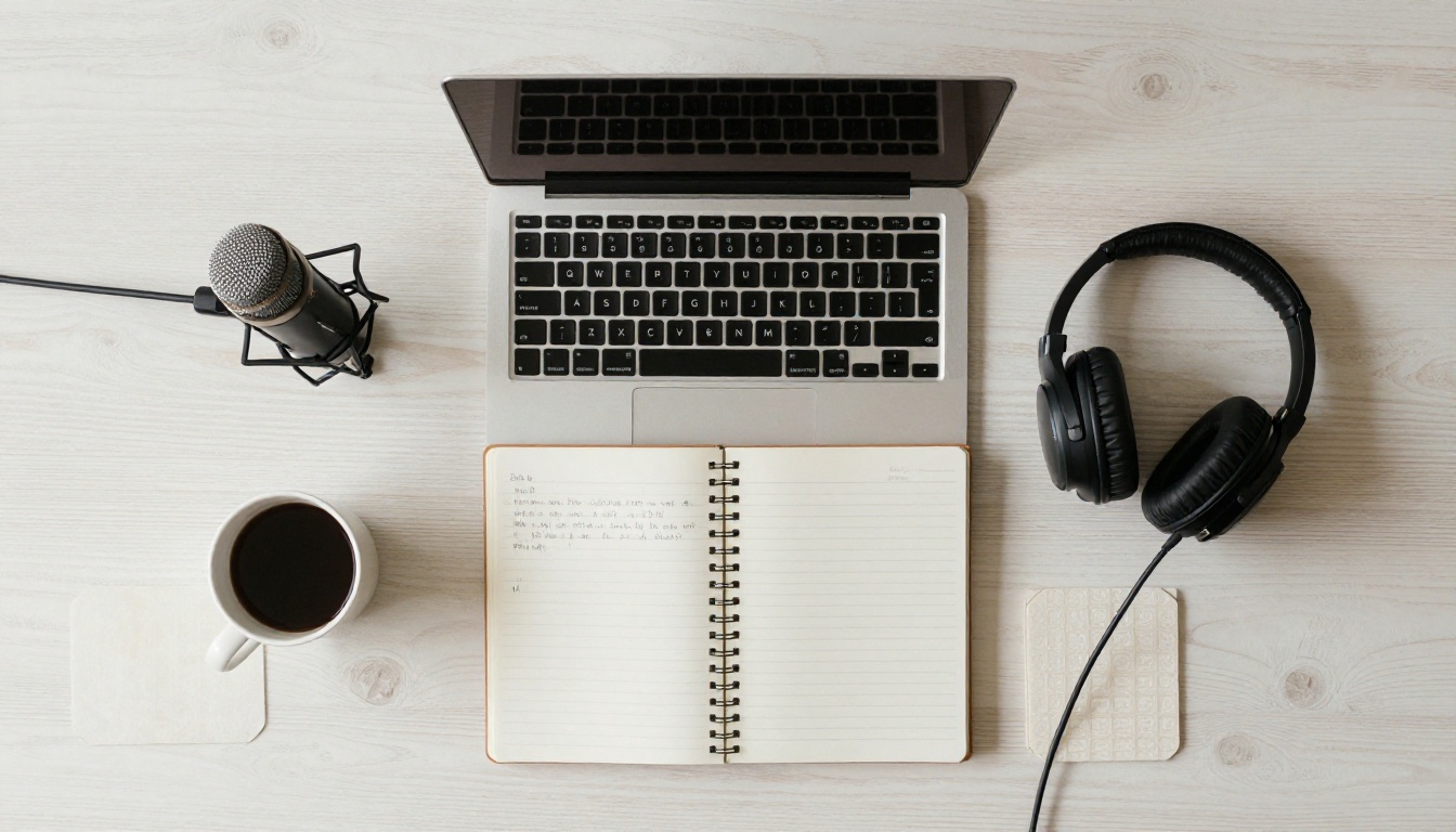 Podcast desk setup flat-lay with microphone and headphones