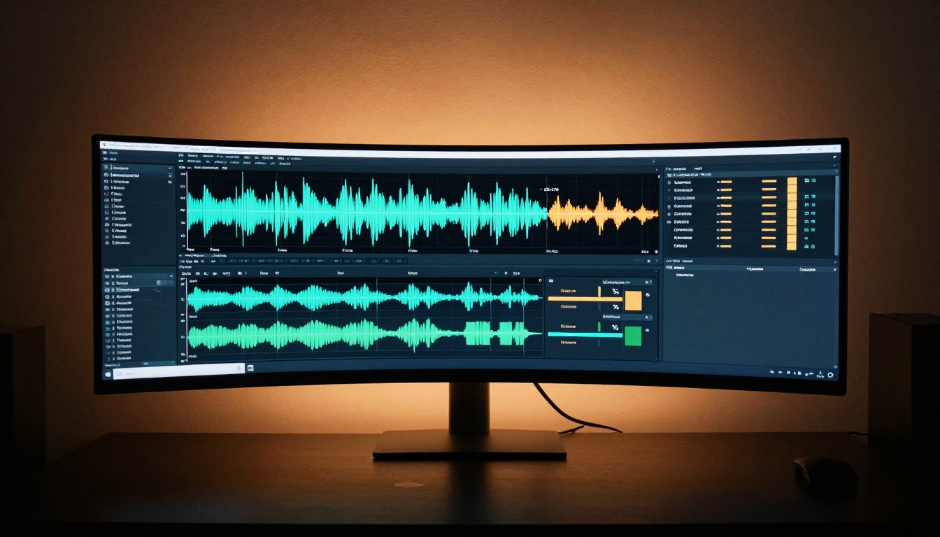 Audio processing interface on a large curved monitor showing waveform visualizations and progress indicators Audio processing interface on a large curved monitor showing waveform visualizations and progress indicators