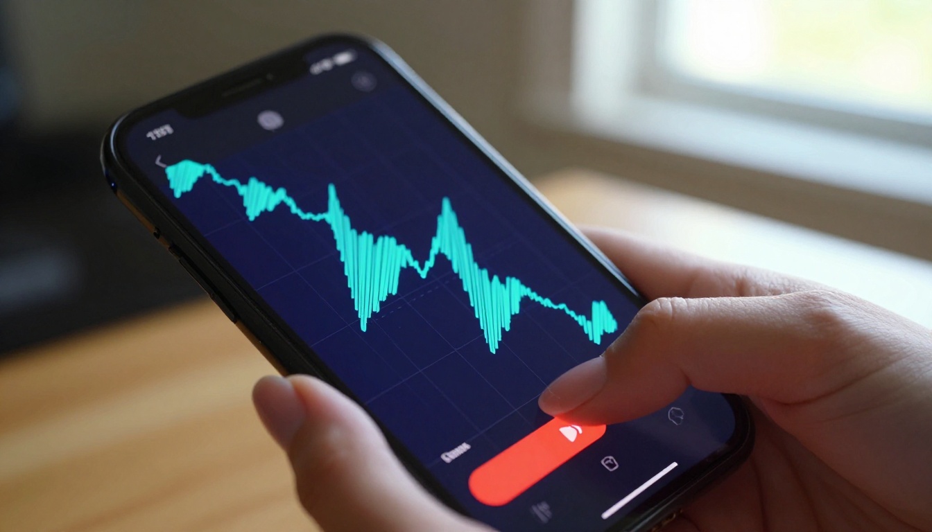 A close-up of a smartphone screen displaying a vivid blue audio waveform