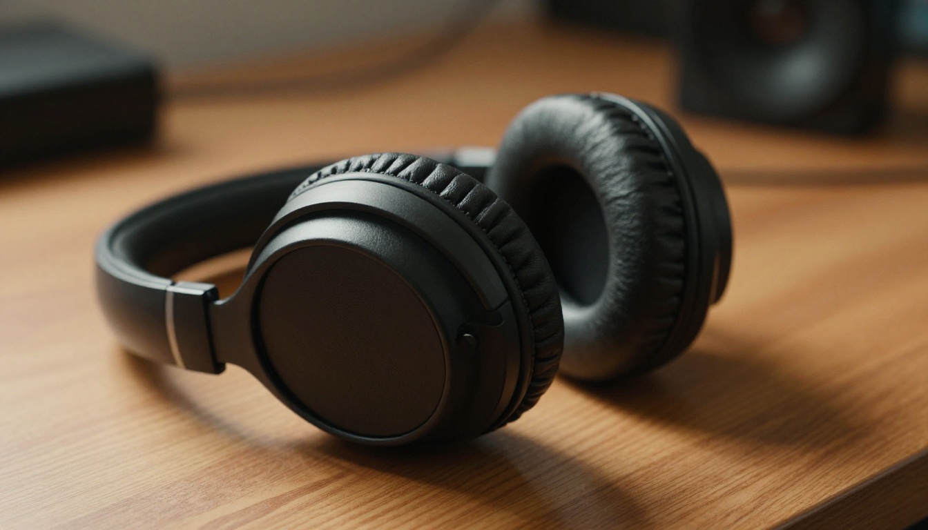 Studio headphones on wooden desk