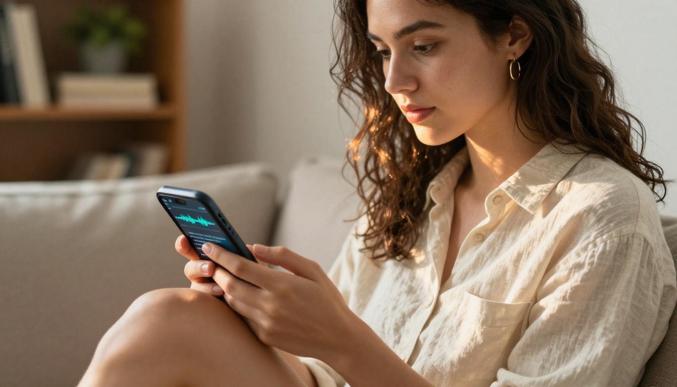 Young woman on couch holding smartphone showing audio waveform and text interface