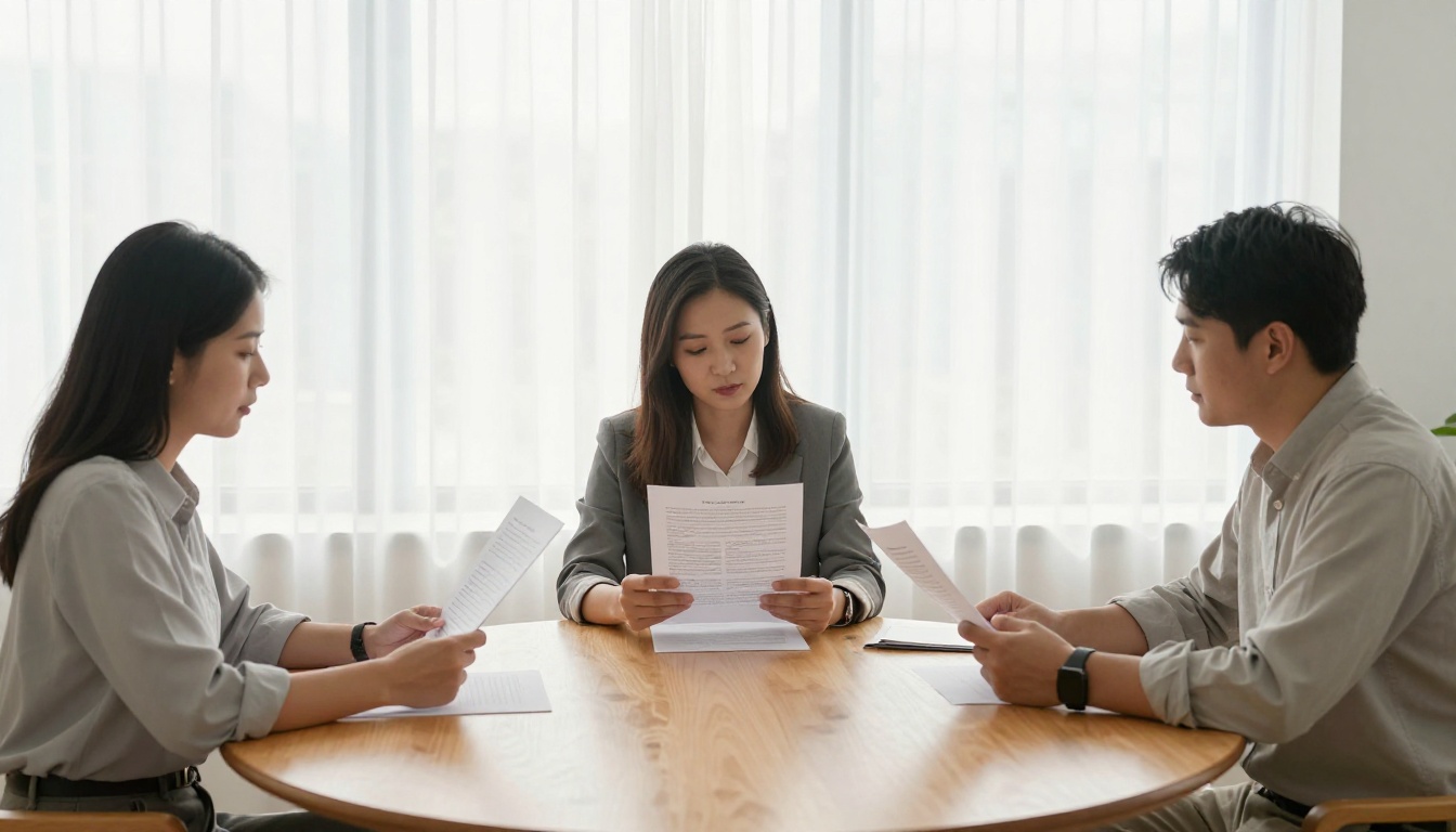 Three business professionals seated around a round birch wood table reviewing printed meeting minutes documents together Three business professionals seated around a round birch wood table reviewing printed meeting minutes documents together
