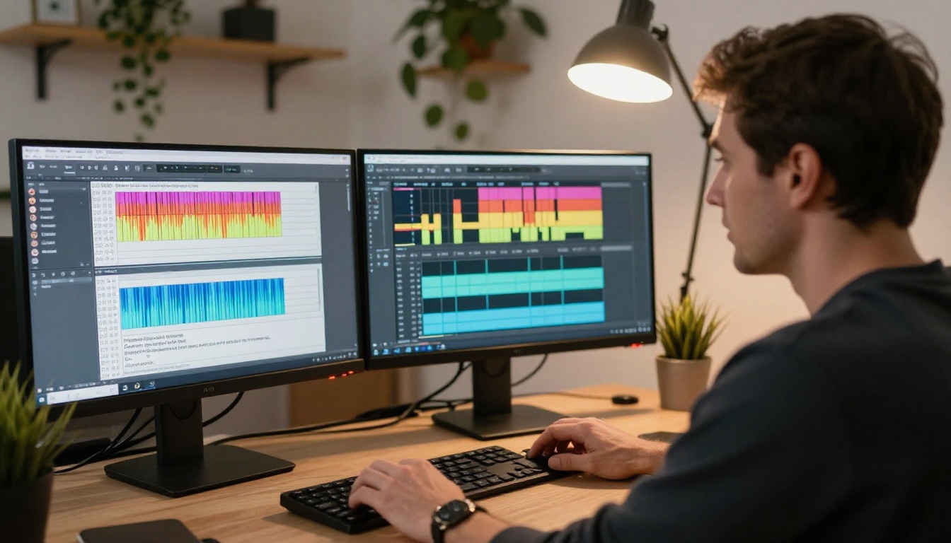Man editing podcast at dual monitor workstation