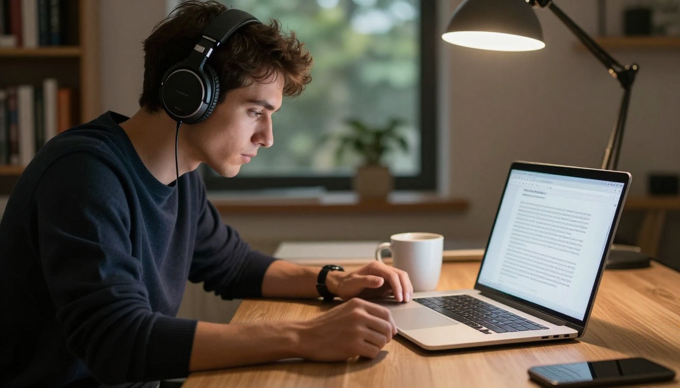 A focused man wearing headphones reviewing a transcription document on a laptop