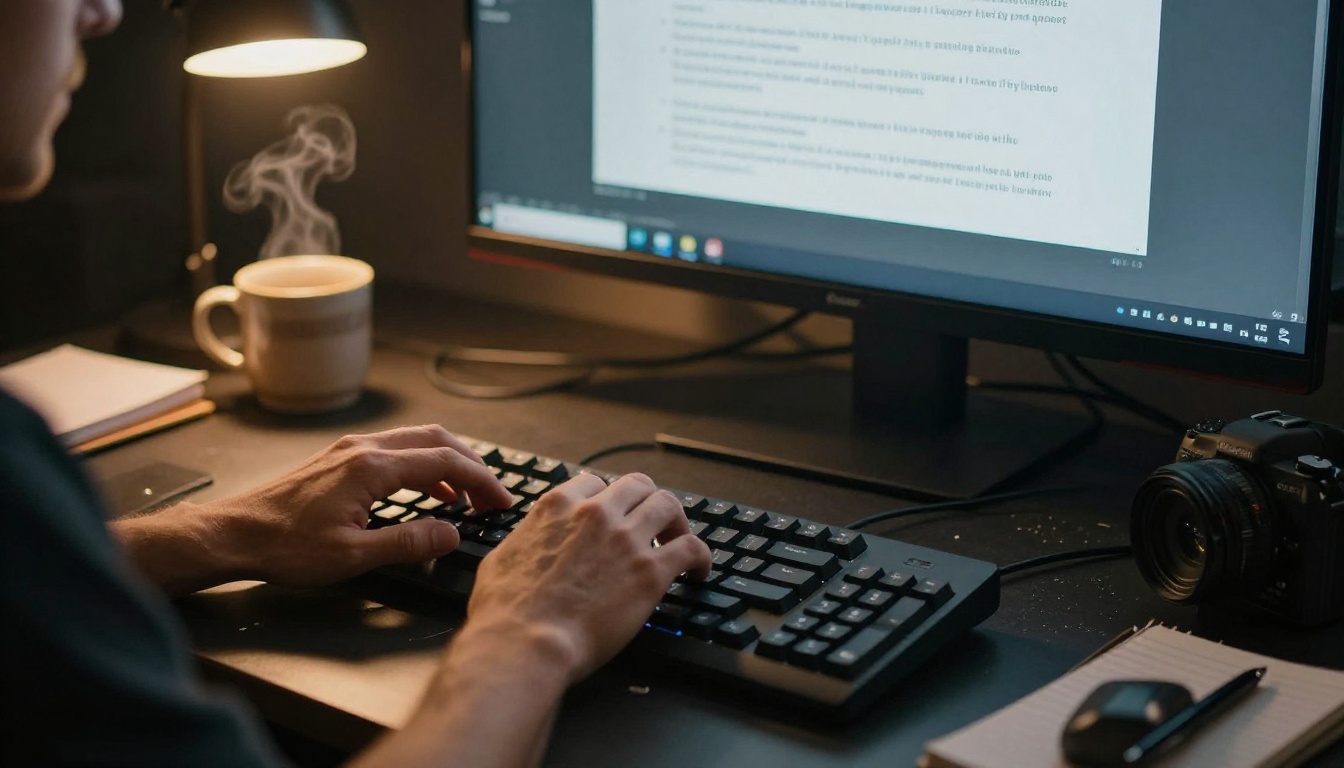 Hands typing a transcript on a keyboard with monitor in the background Hands typing a transcript on a keyboard with monitor in the background