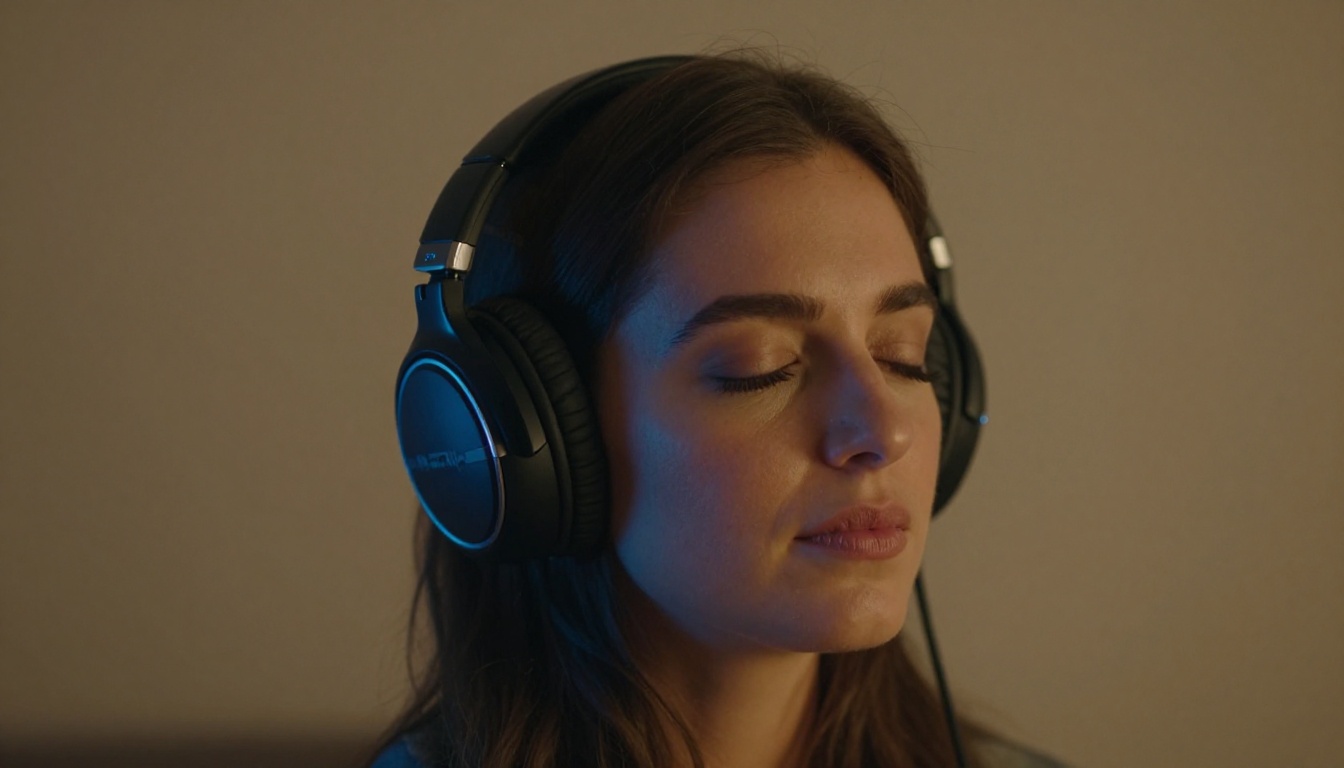 Woman with over-ear headphones, eyes closed in quiet concentration