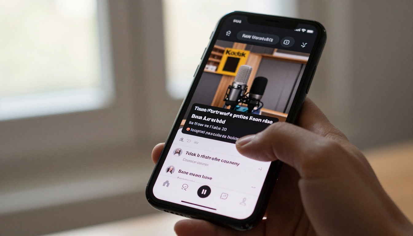 Smartphone showing podcast app with caption subtitles