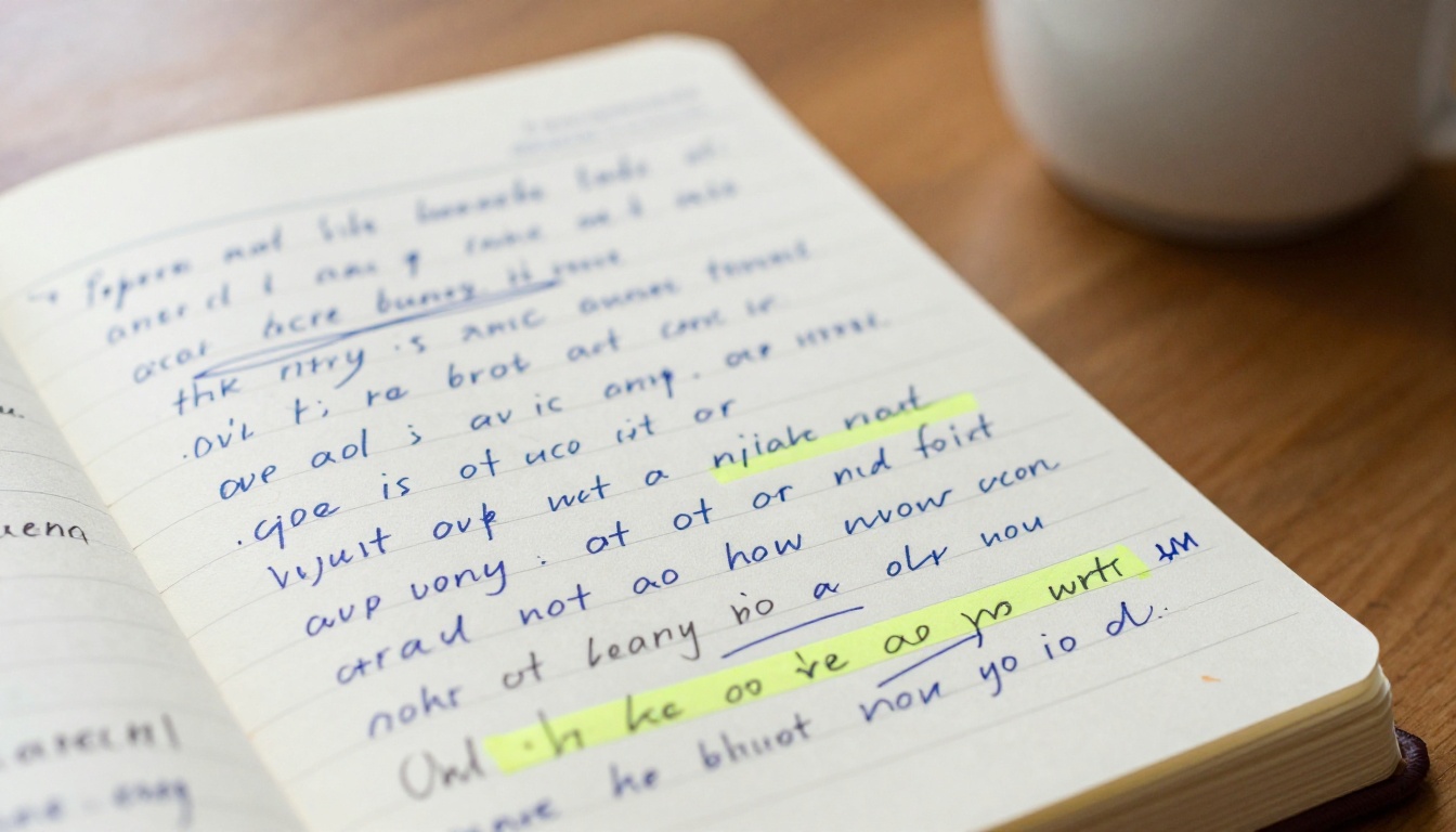Open notebook with handwritten song lyrics, crossed-out revisions, and yellow highlighter marks