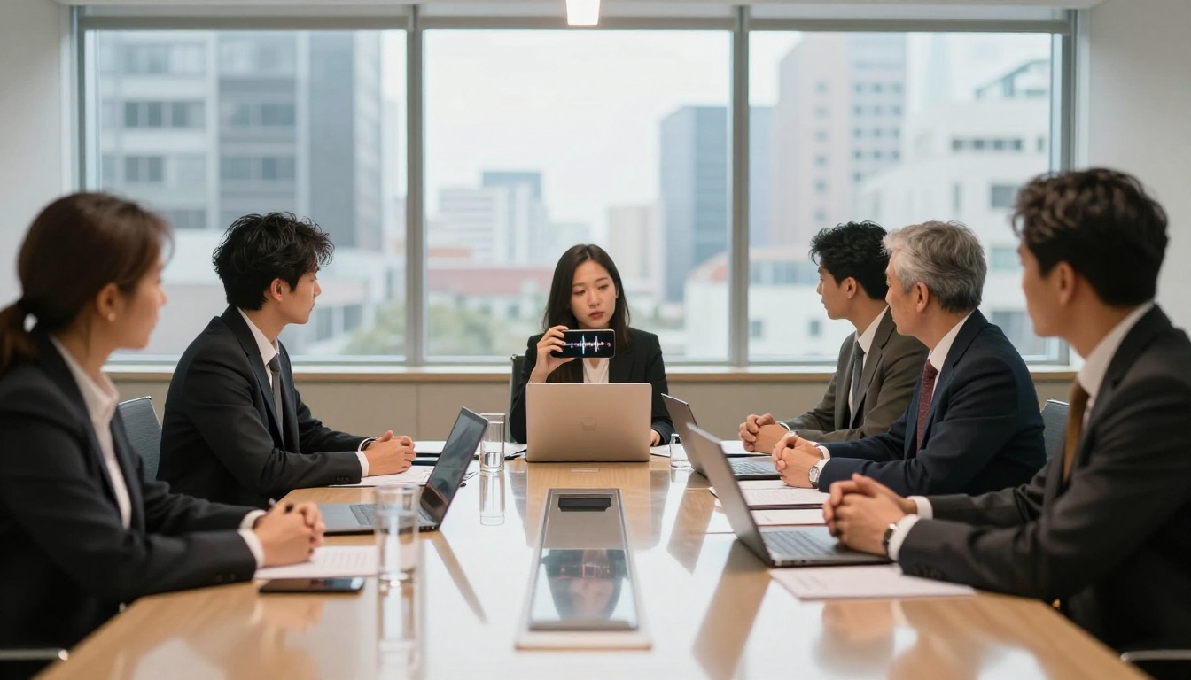 A business meeting with five professionals around a table, a smartphone recording in the center