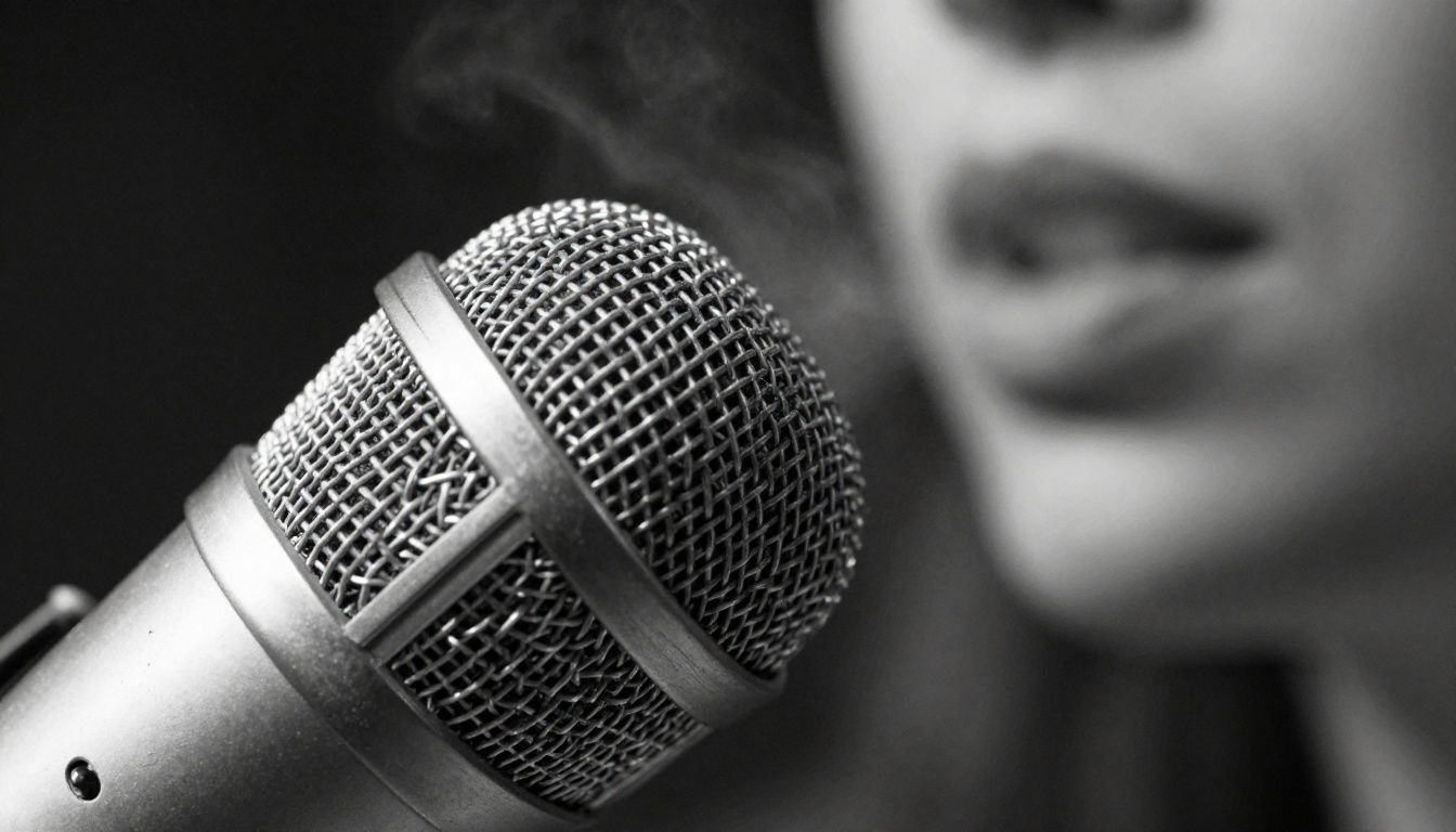 Close-up of a professional studio condenser microphone with singer softly blurred in the background Close-up of a professional studio condenser microphone with singer softly blurred in the background