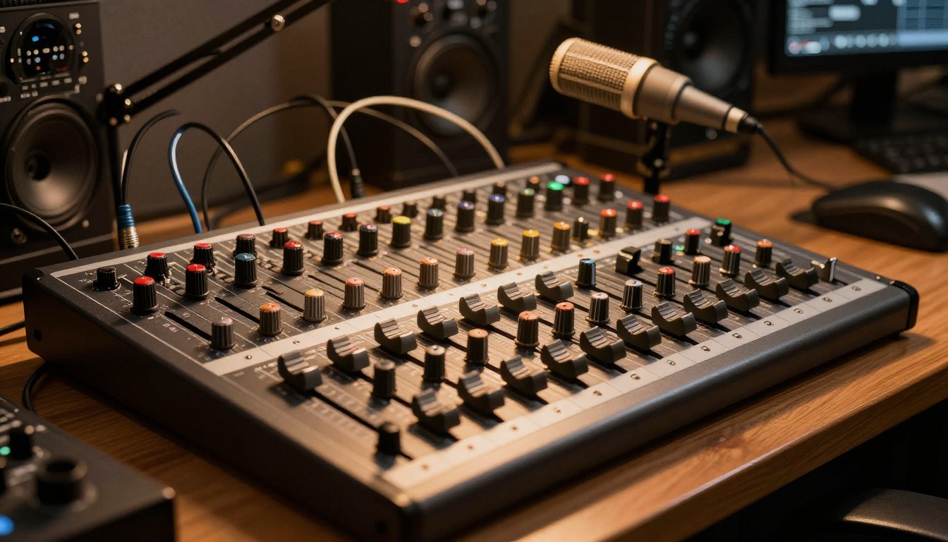 Audio interface and mixing board in professional studio