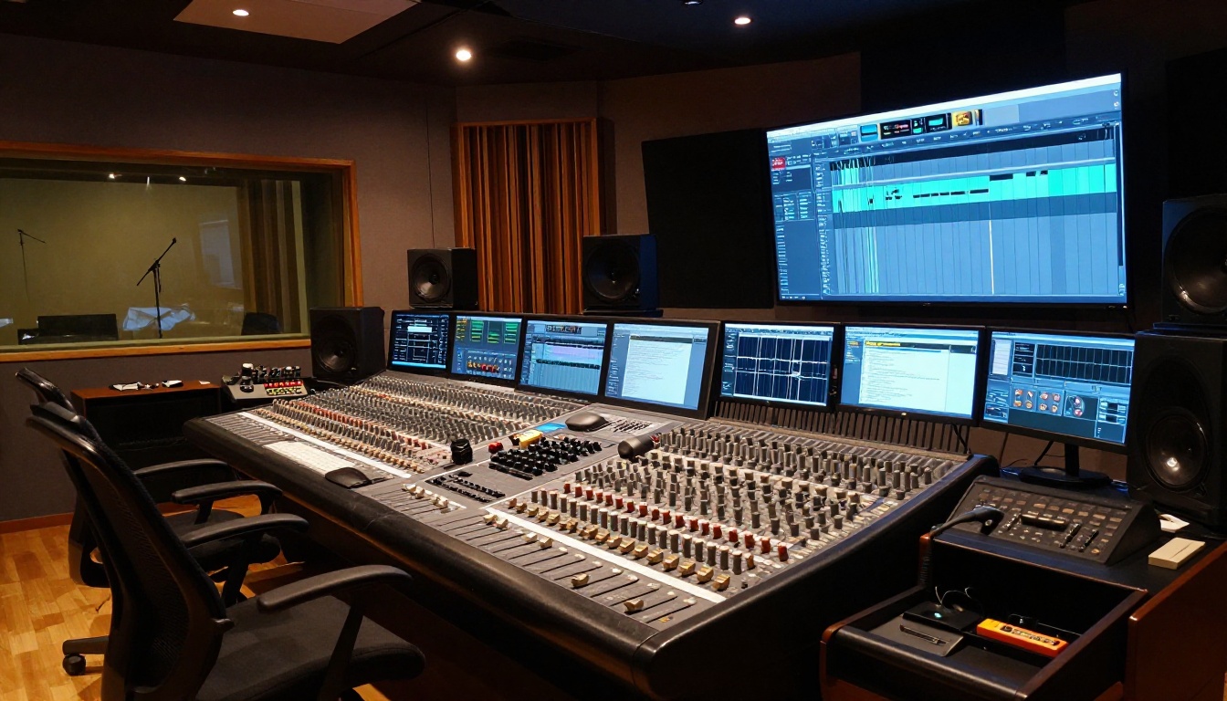 Professional recording studio control room with SSL mixing console and multiple monitors