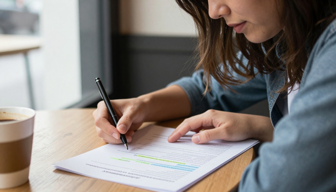 Woman reviewing printed podcast transcript at cafe