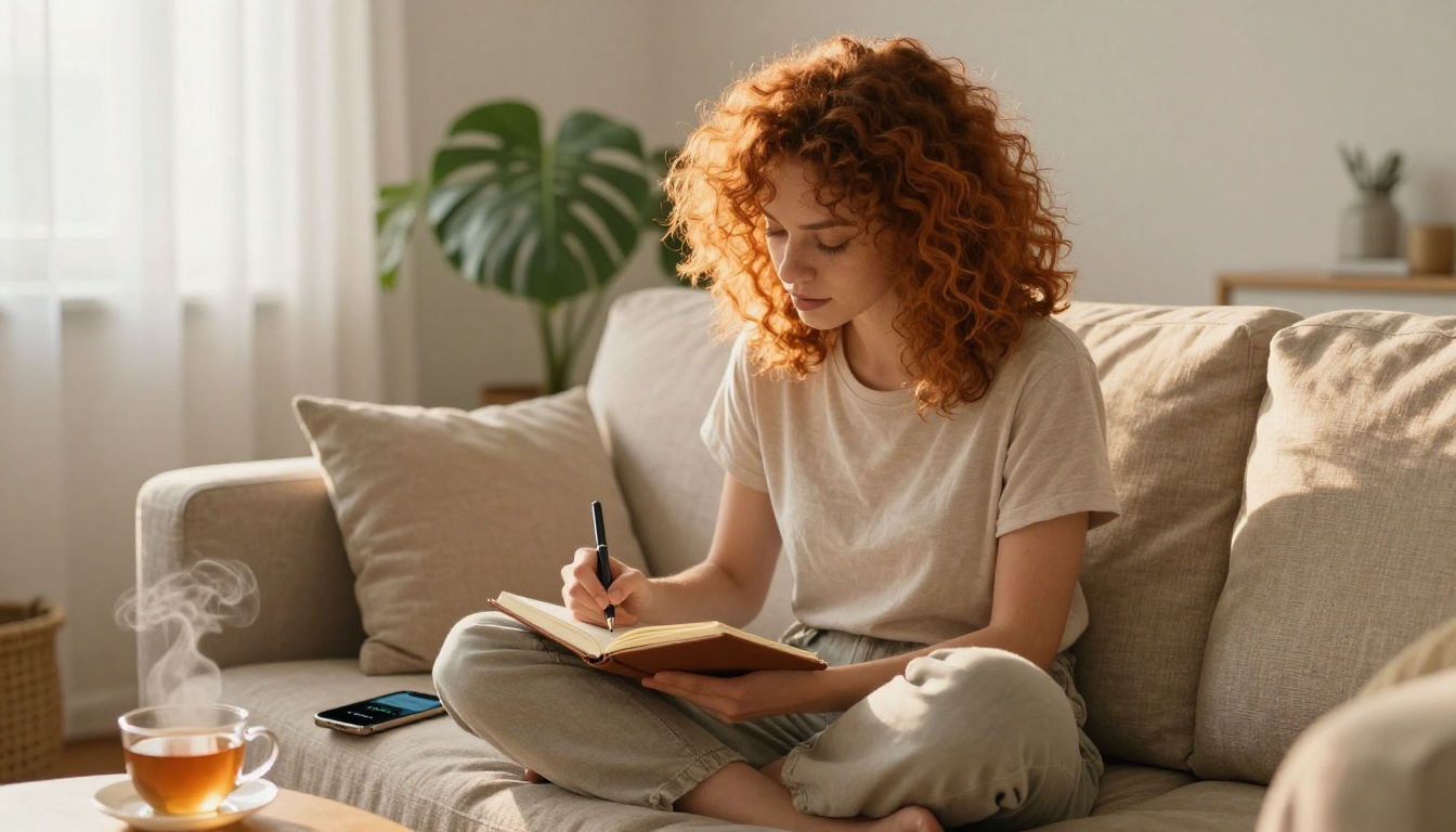A woman sitting on a sofa writing in a journal while her phone plays back a voice memo