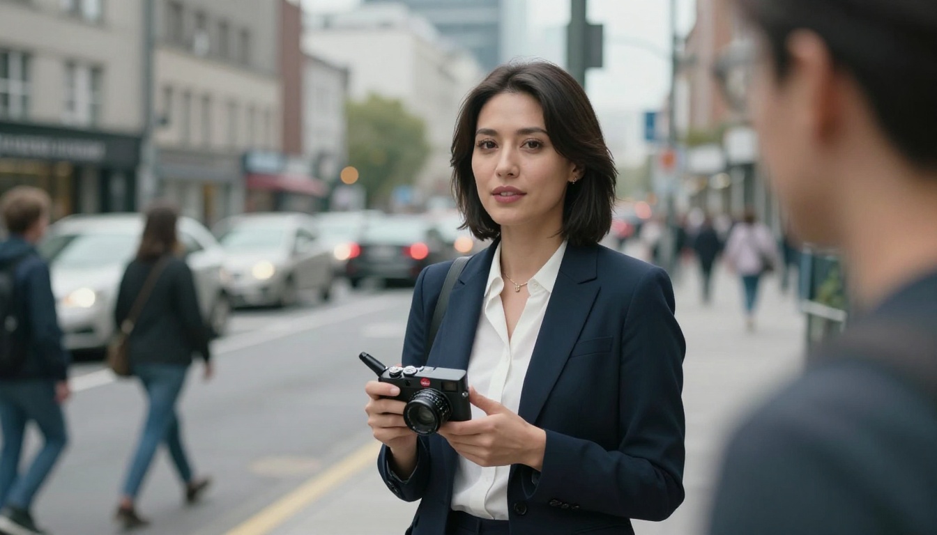 Professional journalist recording an interview on a busy city street Professional journalist recording an interview on a busy city street