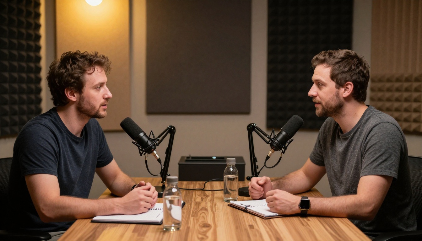 Two people recording podcast together in acoustic studio