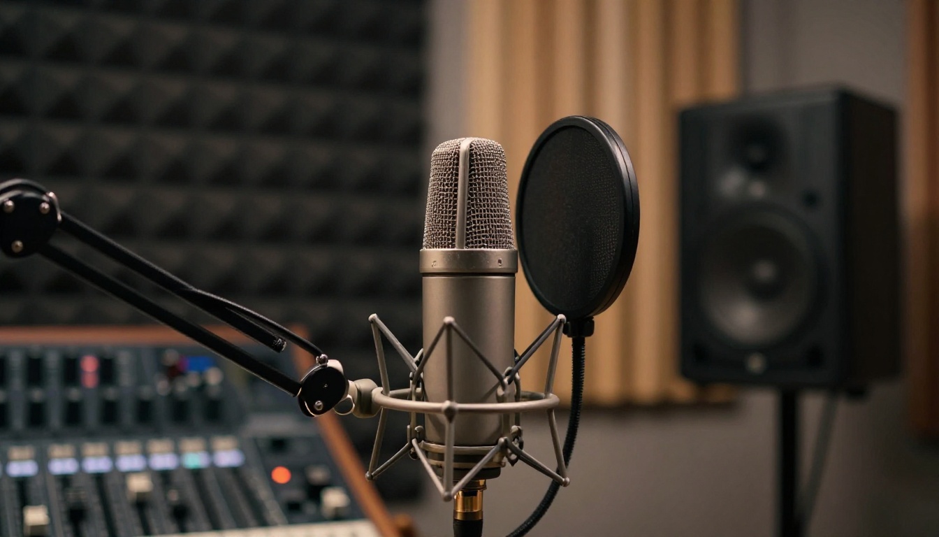 A professional podcast studio with a large condenser microphone in sharp foreground focus