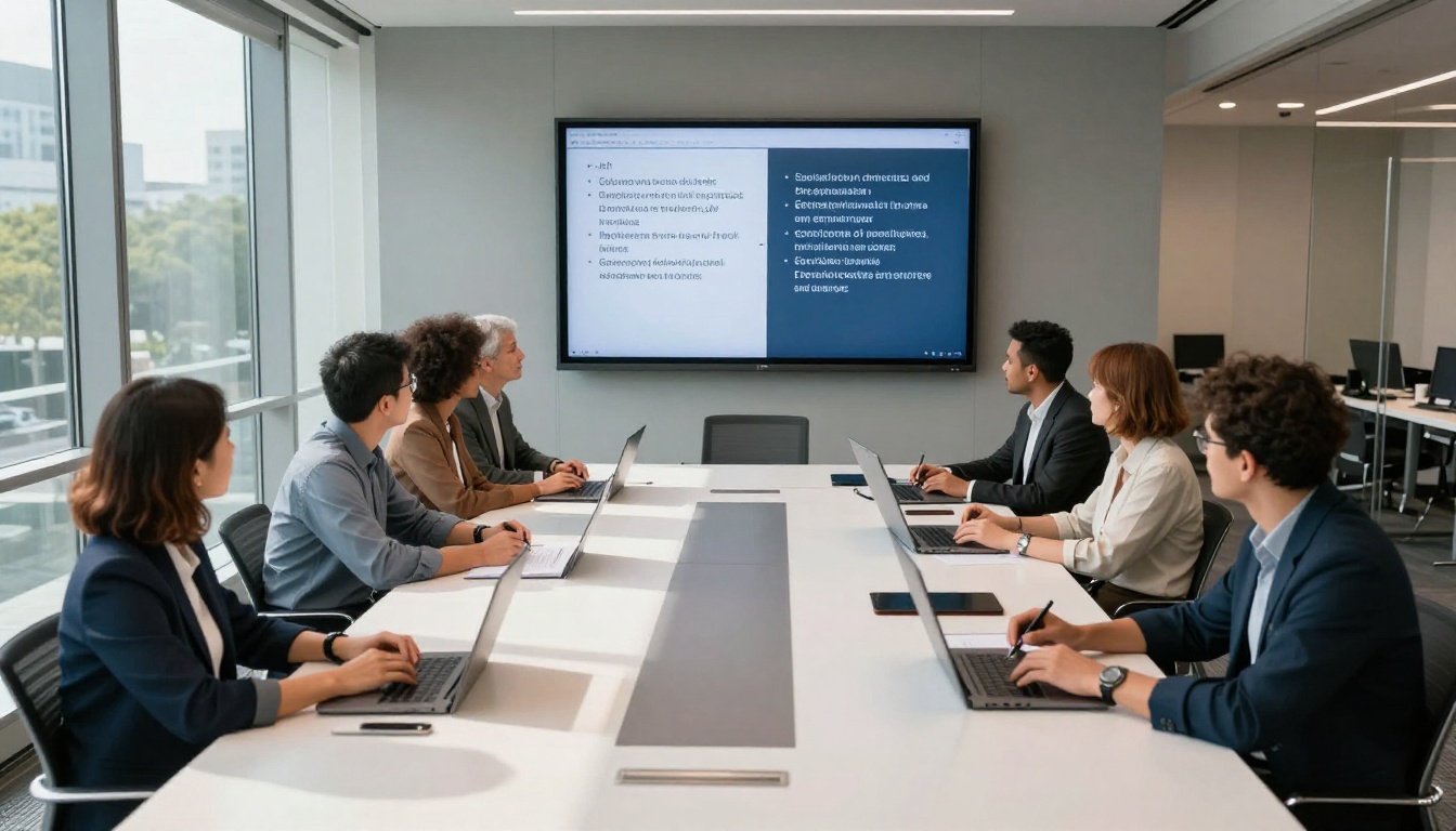 Modern conference room with a multilingual transcription display visible on the wall screen