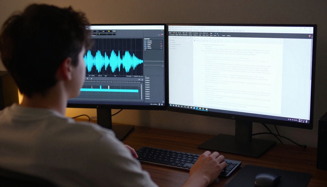 A split-screen monitor showing an audio waveform alongside a clean text transcript