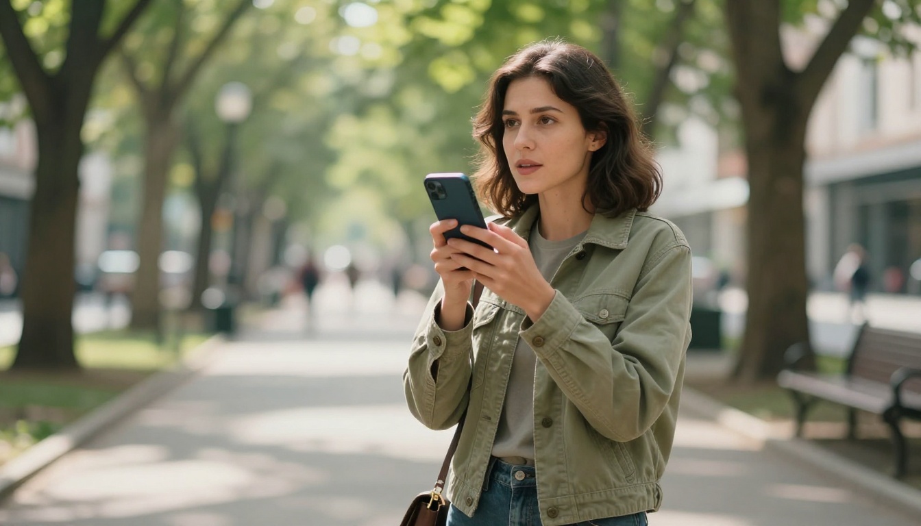 A woman standing in a park speaking a voice memo into her smartphone