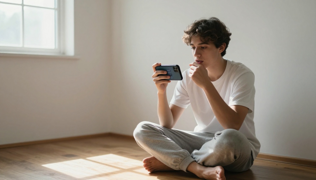 Young man speaking clearly into his smartphone for real-time voice transcription