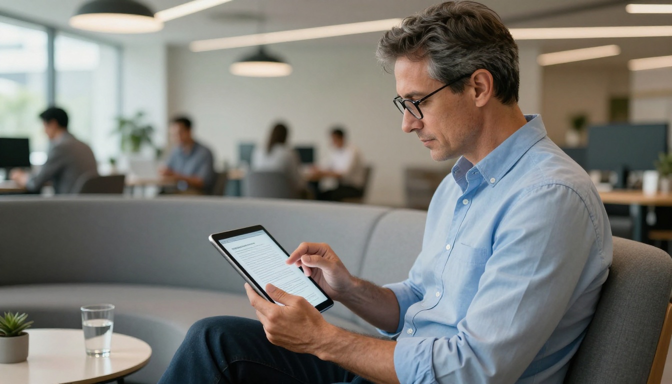 A professional man reviewing a tablet transcript in a bright modern office lounge
