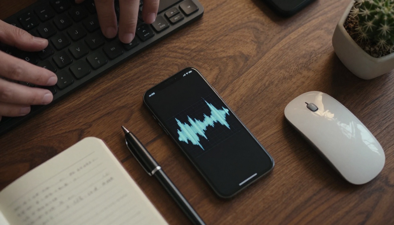 A top-down flatlay of a walnut desk with a smartphone displaying an audio waveform, keyboard, and notebook