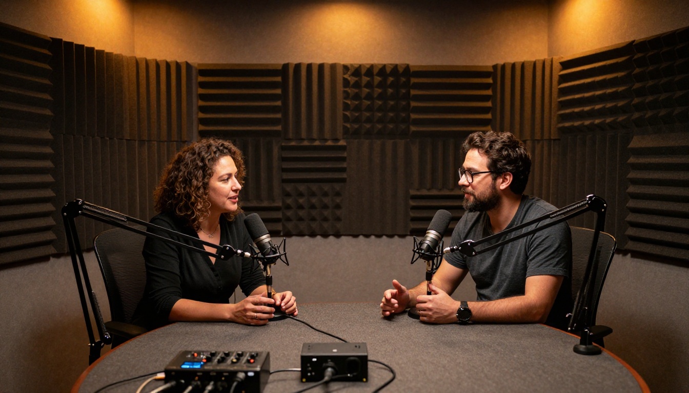 Two podcast hosts in animated conversation inside a professional recording studio Two podcast hosts in animated conversation inside a professional recording studio