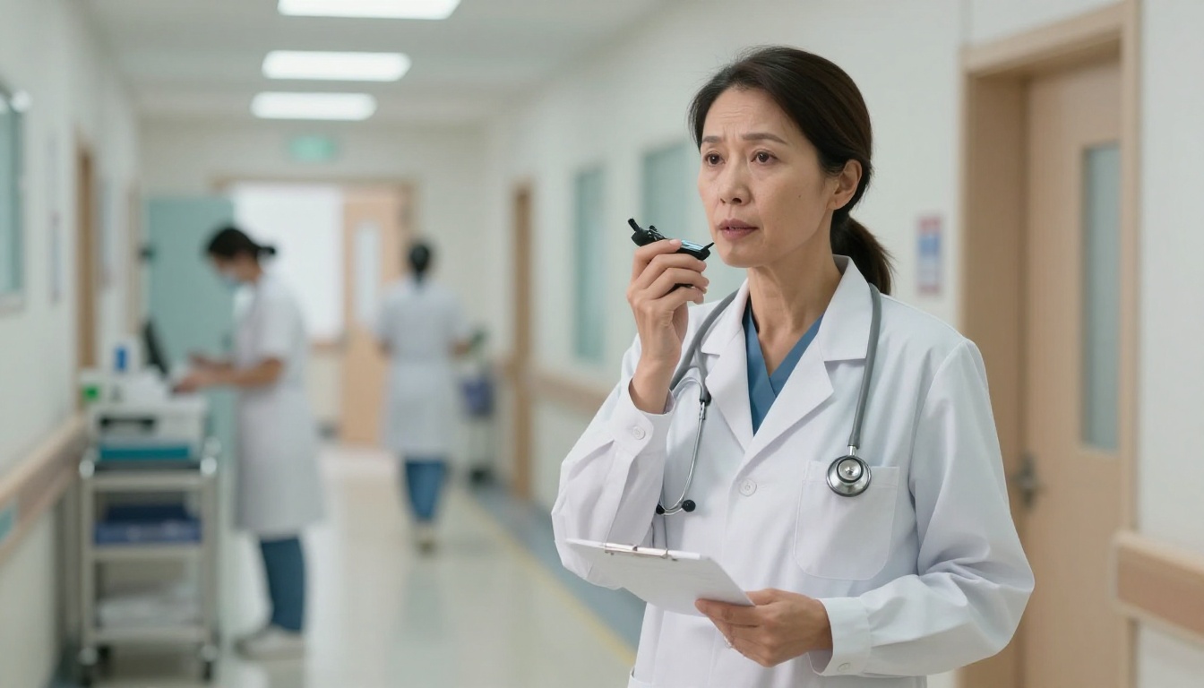 Female doctor in a hospital corridor speaking into a digital voice recorder