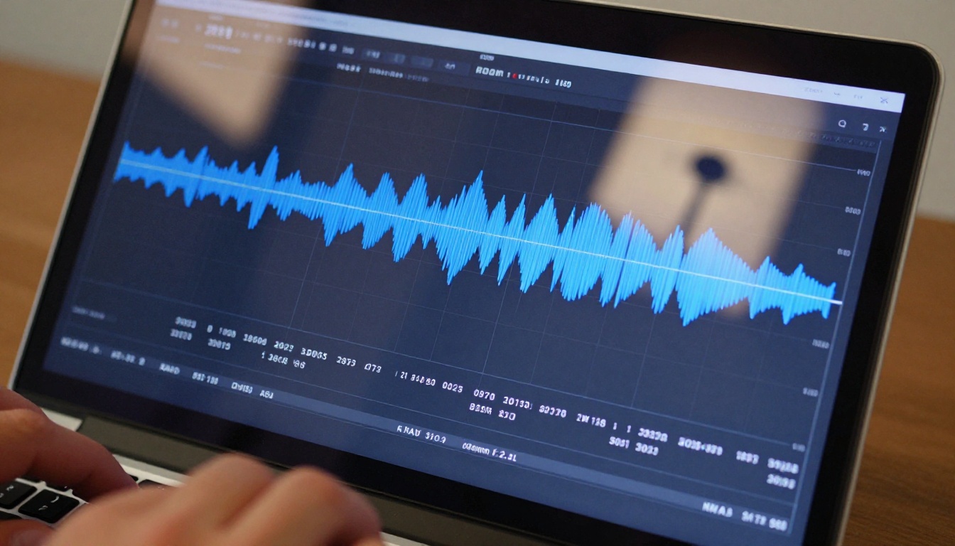 Laptop screen showing an audio waveform visualization above a clean transcript text output