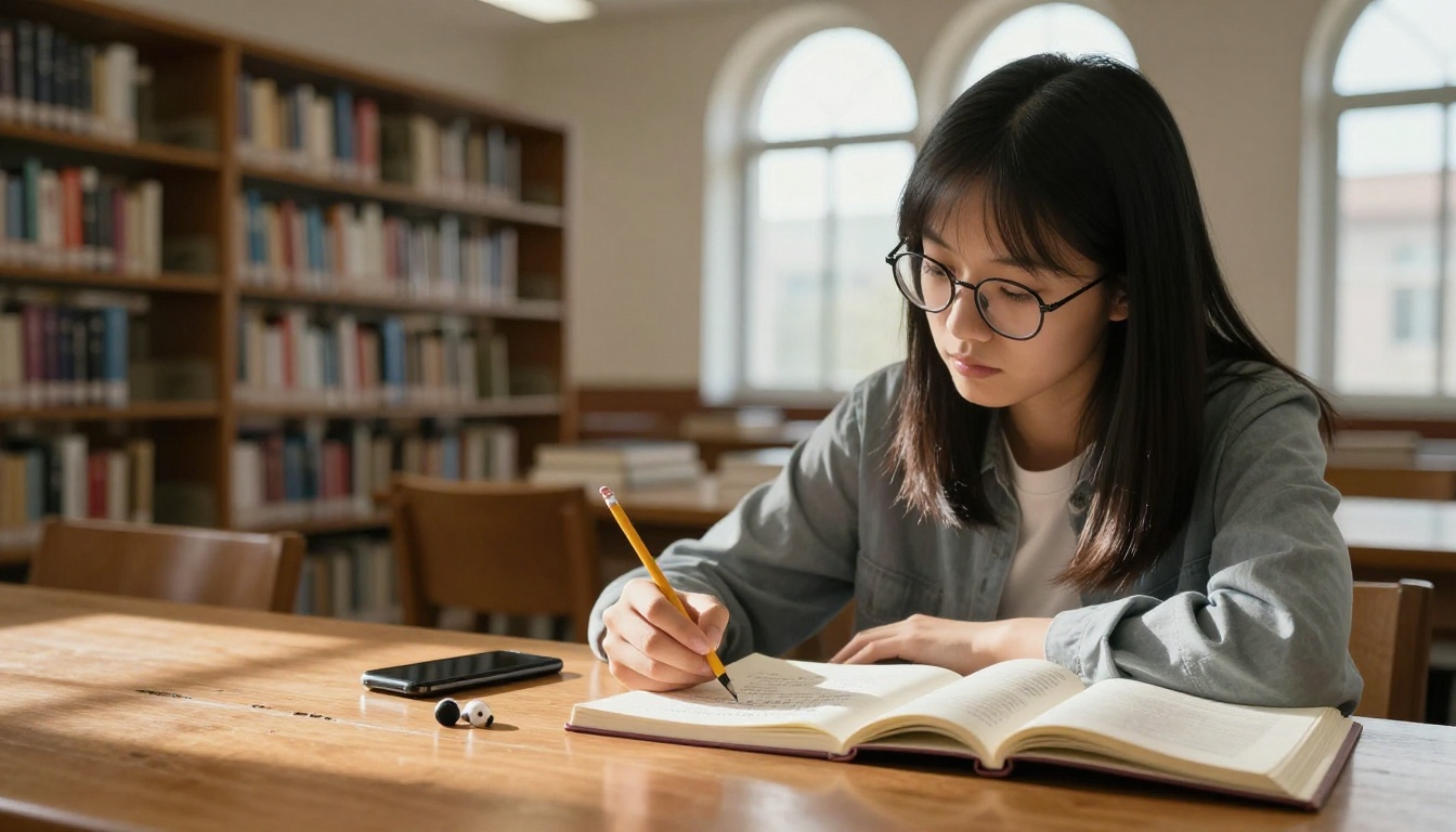 University student with multilingual textbooks open on a library study table University student with multilingual textbooks open on a library study table