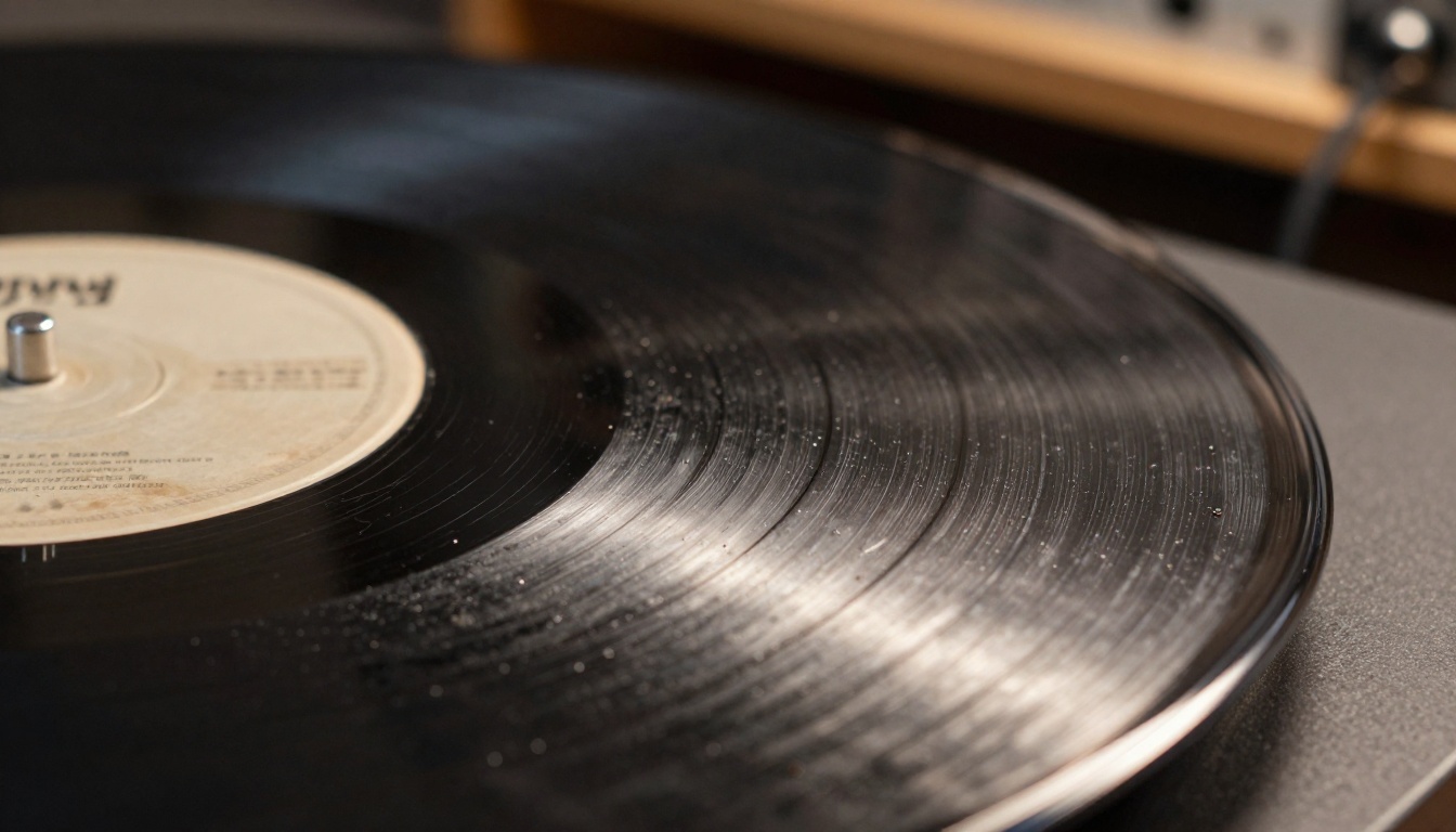 Extreme close-up of a vintage vinyl record surface showing fine scratches and dust particles catching the light