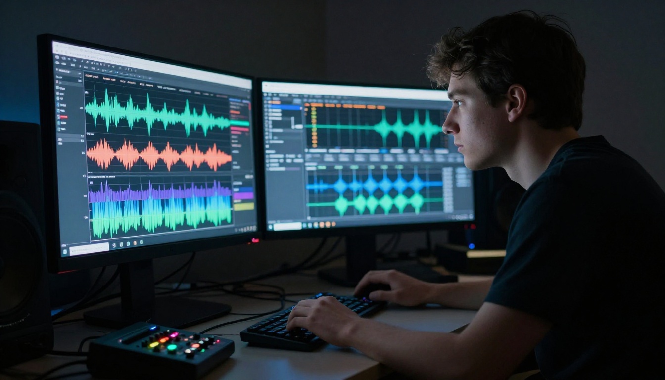 Dark professional audio editing suite with dual monitors displaying colorful spectral waveform analysis