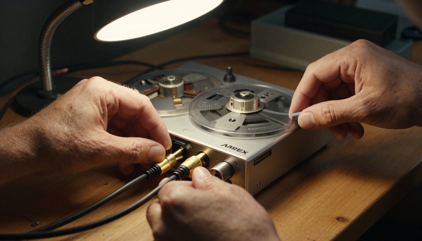 Technician's hands connecting a vintage reel-to-reel tape machine to a modern Focusrite Scarlett audio interface