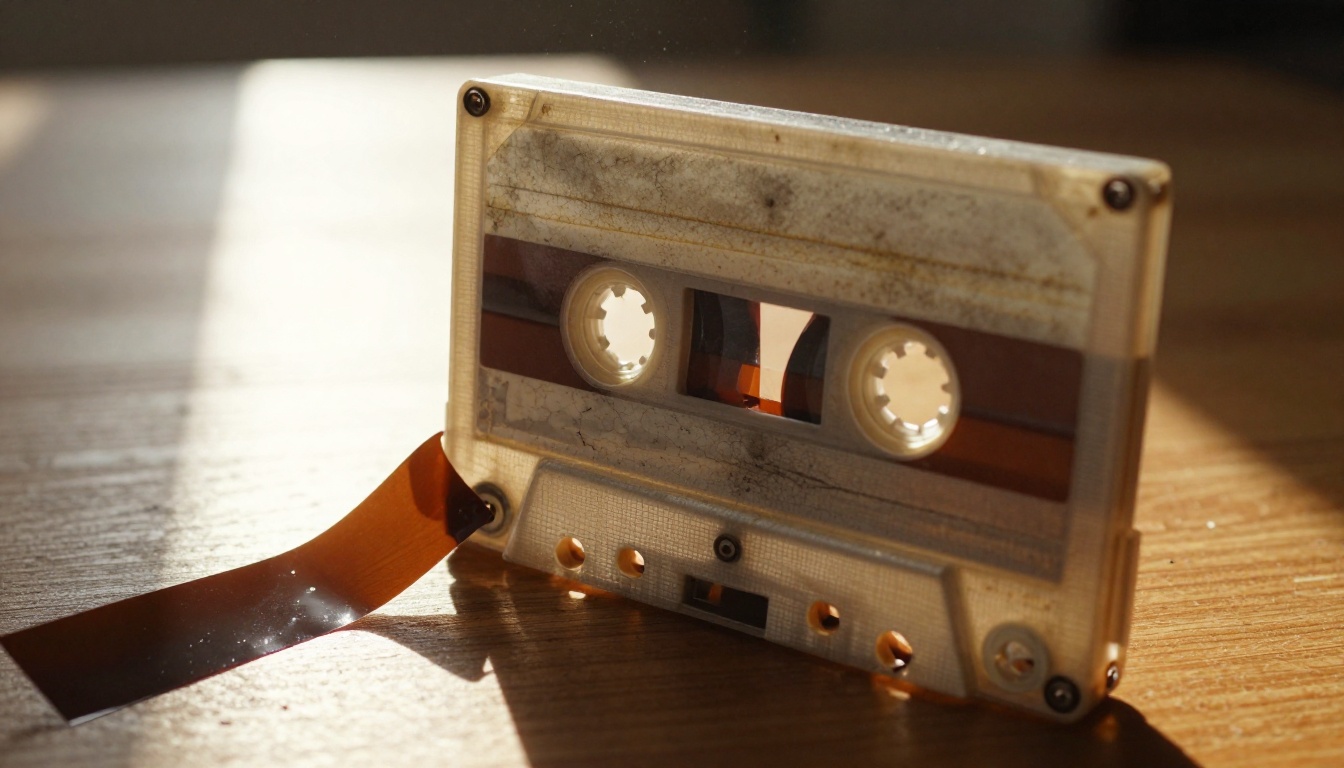 Dramatic close-up of a degraded audio cassette tape partially unspooled on wooden table in warm afternoon sunlight