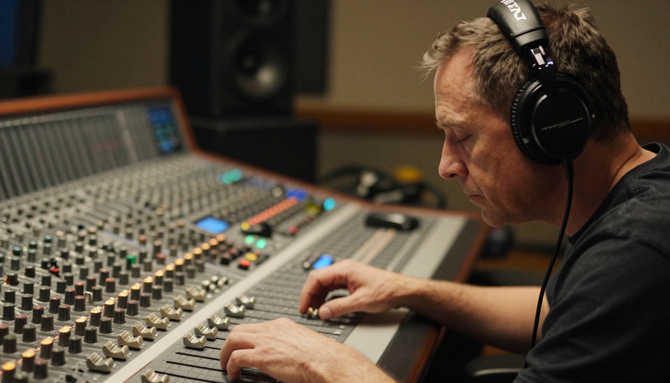 Professional audio engineer with closed-back headphones in deep concentration at a large mixing console