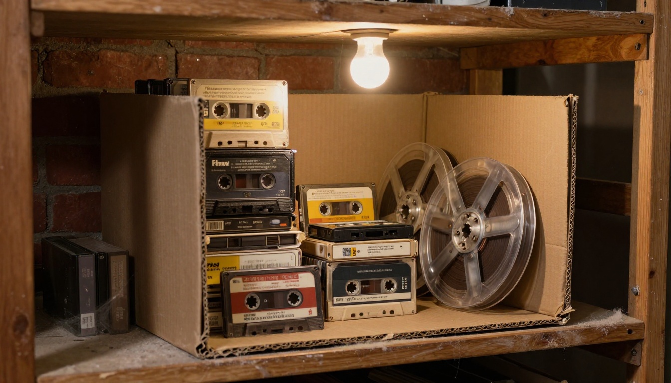 Wide shot of a cardboard archive box overflowing with old cassettes, 8-track cartridges, DAT tapes, and reel spools Wide shot of a cardboard archive box overflowing with old cassettes, 8-track cartridges, DAT tapes, and reel spools