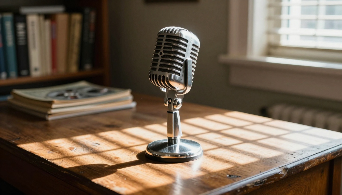 Iconic vintage ribbon microphone from the 1940s on a chrome stand in a sunlit home office with venetian blind shadow patterns Iconic vintage ribbon microphone from the 1940s on a chrome stand in a sunlit home office with venetian blind shadow patterns