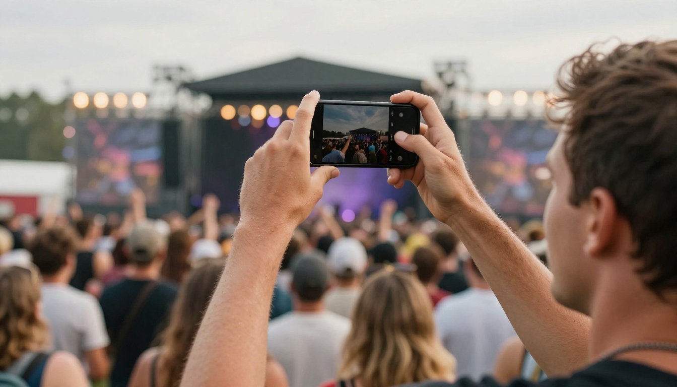 Man filming at a music festival with phone