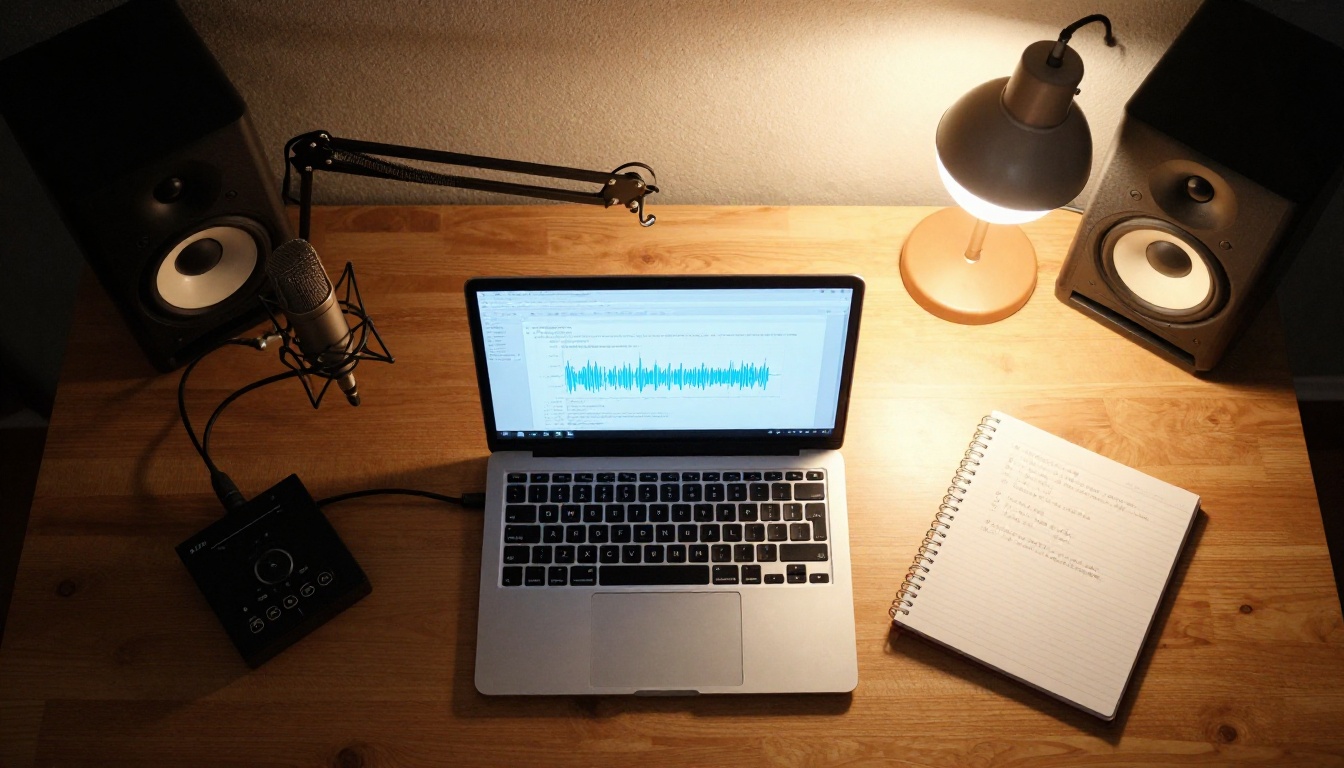 Overhead aerial shot of a modern home studio desk with laptop showing speech-to-text software, USB audio interface, and handwritten notebook Overhead aerial shot of a modern home studio desk with laptop showing speech-to-text software, USB audio interface, and handwritten notebook