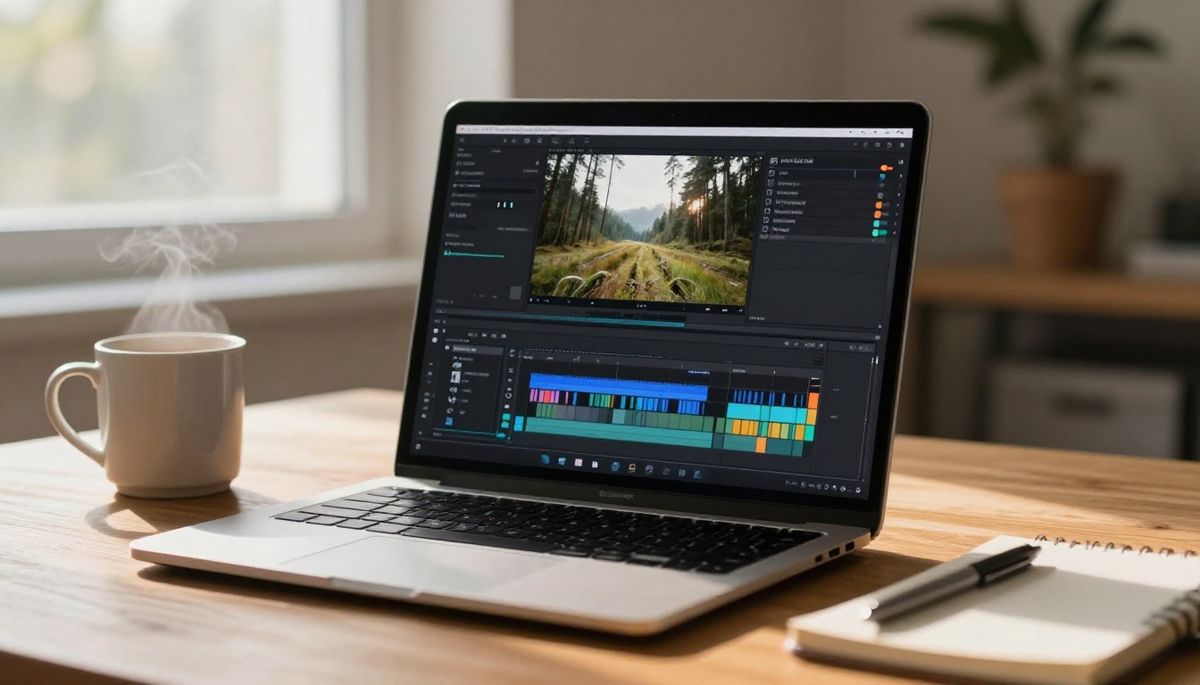 Laptop showing video editing timeline with crisp footage