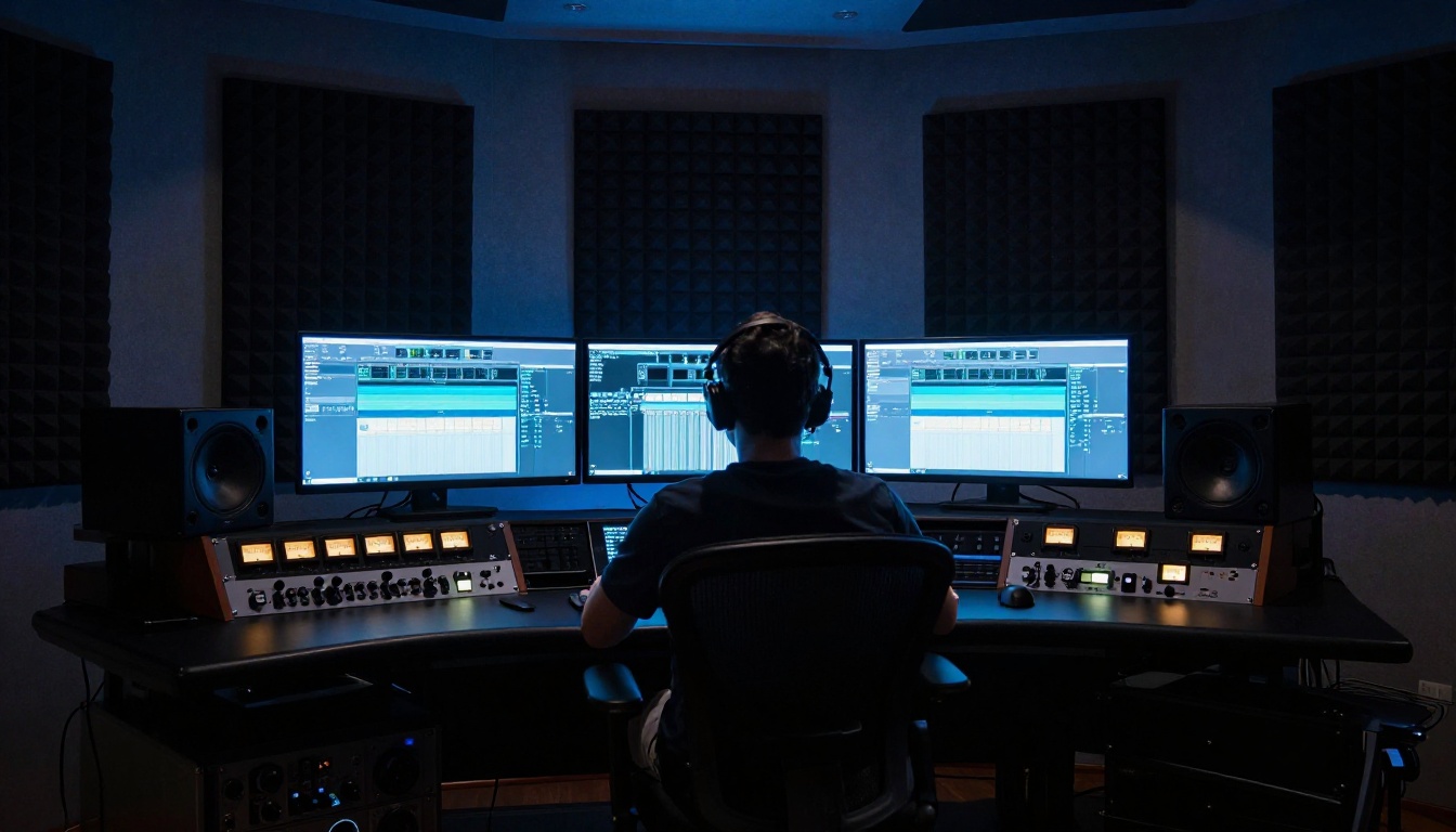 Atmospheric wide-angle shot inside a professional mastering studio, engineer silhouetted against three glowing monitors showing audio restoration software Atmospheric wide-angle shot inside a professional mastering studio, engineer silhouetted against three glowing monitors showing audio restoration software