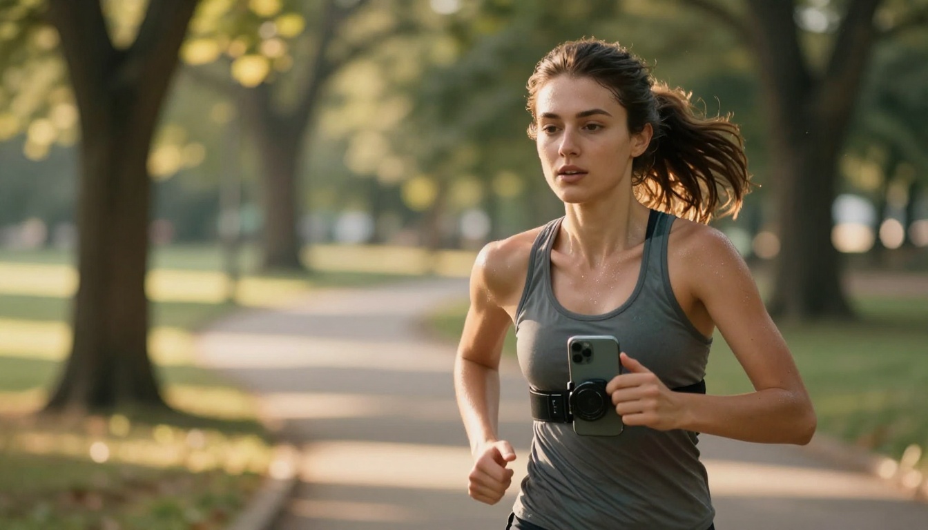 Woman jogging in park with phone mounted for filming