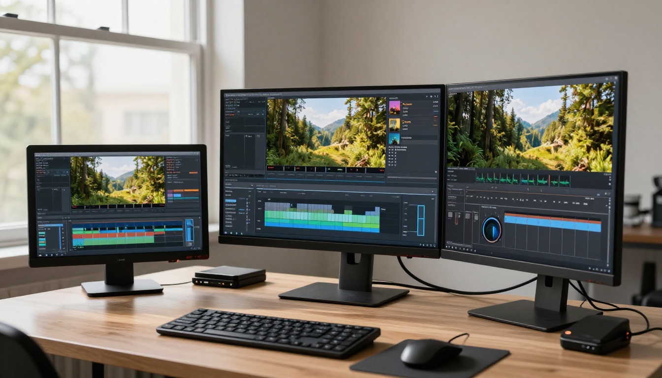 Professional video editing workstation with 4K monitor