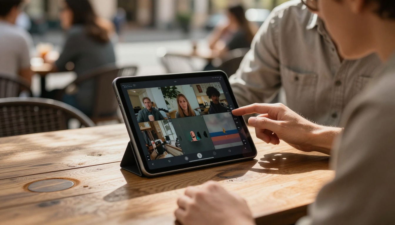Person at outdoor cafe editing video on tablet