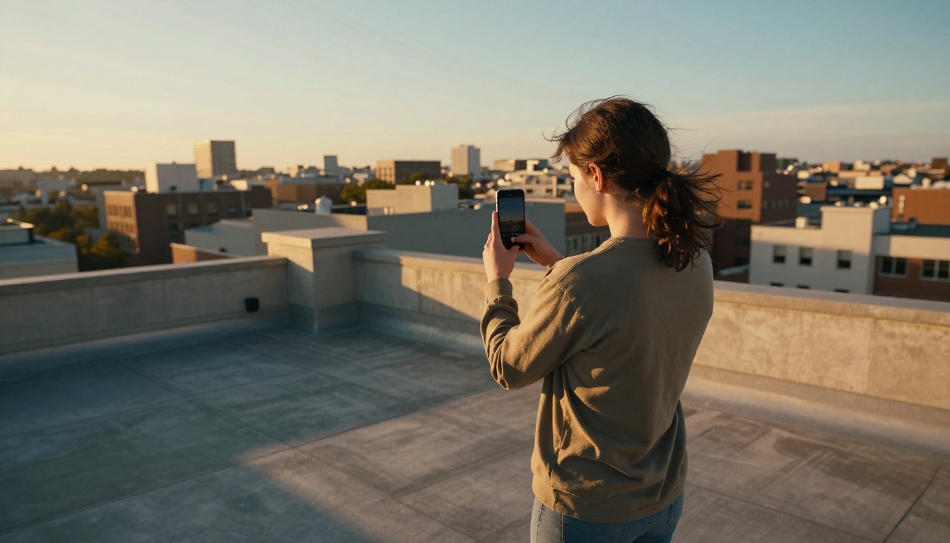 Person on rooftop filming city skyline at golden hour