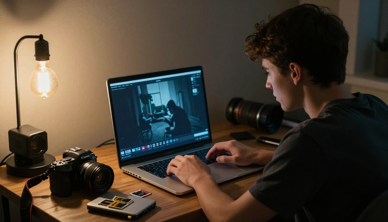 A young filmmaker reviewing dark underexposed footage on a laptop in a dimly lit home studio surrounded by camera gear